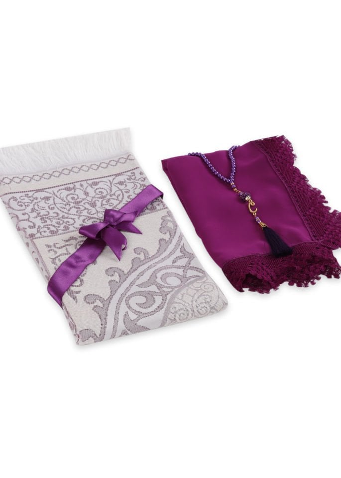 ECRİN SERİSİ (Pamuk Seccade+ Güpürlü Şal+İnci Tespih) NO:2 MÜRDÜM