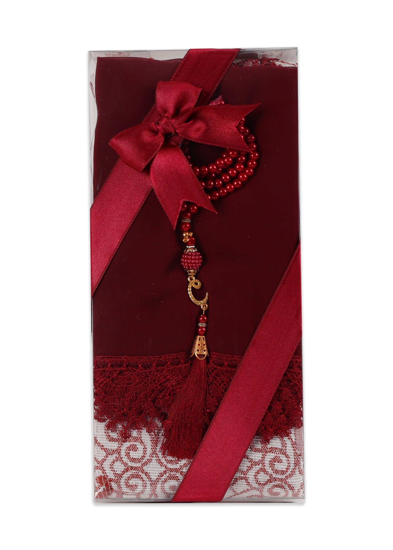 ECRİN SERİSİ (Pamuk Seccade+ Güpürlü Şal+İnci Tespih) NO:2 BORDO