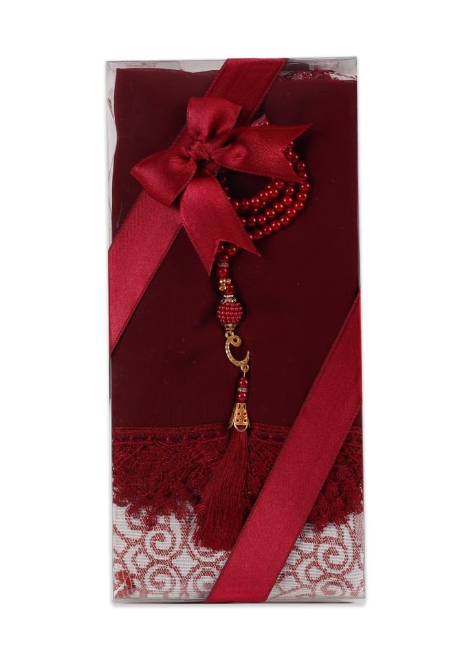 ECRİN SERİSİ (Pamuk Seccade+ Güpürlü Şal+İnci Tespih) NO:2 BORDO