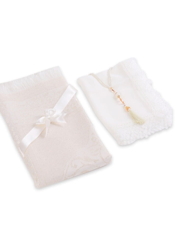 ECRİN SERİSİ (Pamuk Seccade+ Güpürlü Şal+İnci Tespih) NO:2 KREM