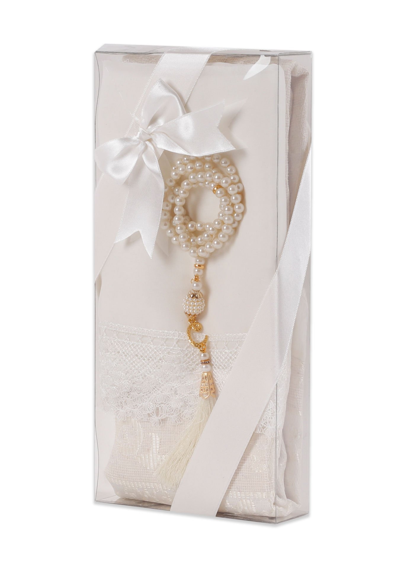 ECRİN SERİSİ (Pamuk Seccade+ Güpürlü Şal+İnci Tespih) NO:2 KREM