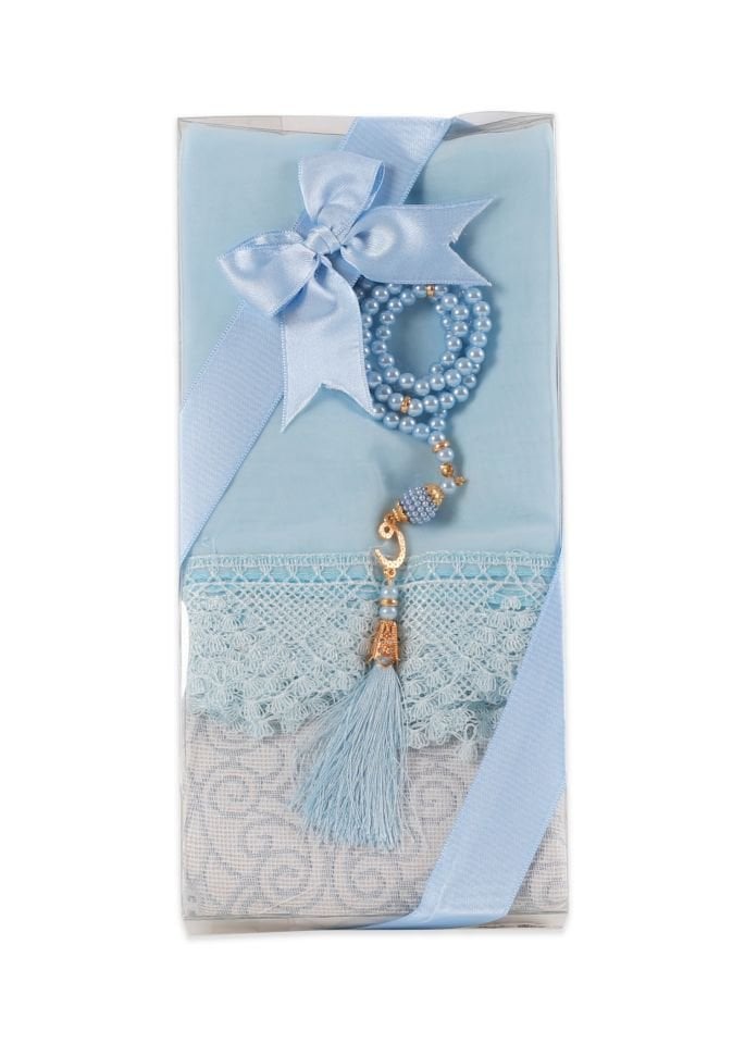 ECRİN SERİSİ (Pamuk Seccade+ Güpürlü Şal+İnci Tespih) NO:2 BEBE MAVİ