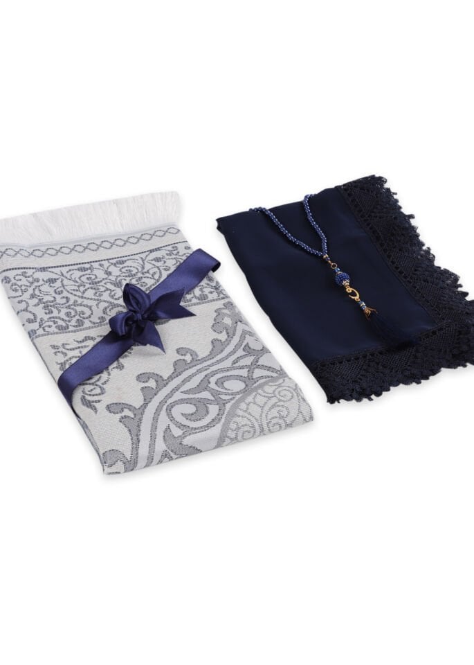 ECRİN SERİSİ (Pamuk Seccade+ Güpürlü Şal+İnci Tespih) NO:2 LACİVERT