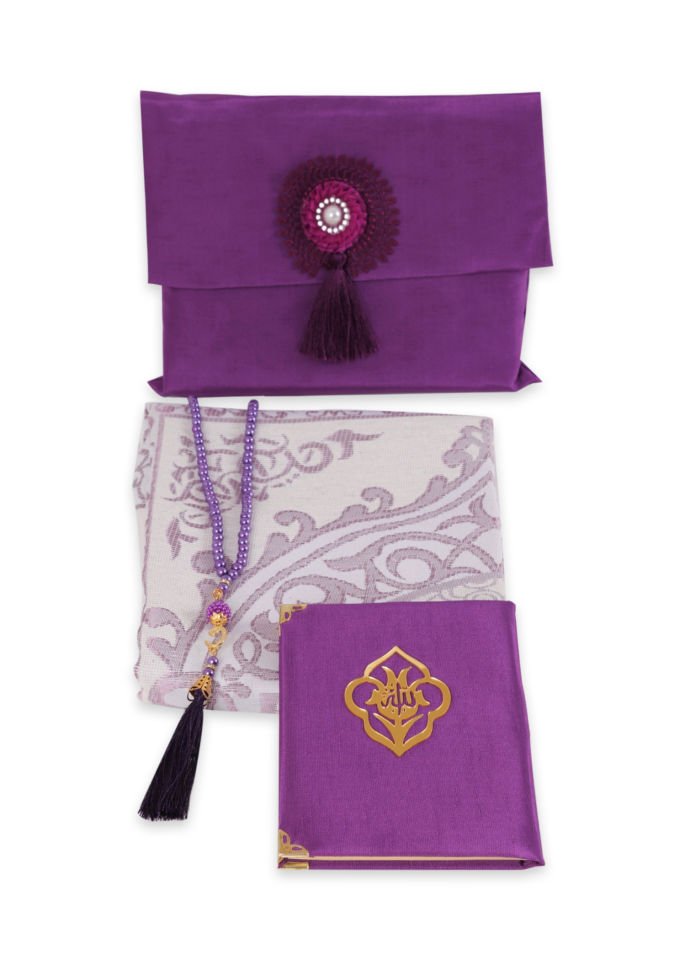 Büyük Şantuk Çanta Full Set Çiçekli (Yasin+Seccade+Tespih) MÜRDÜM