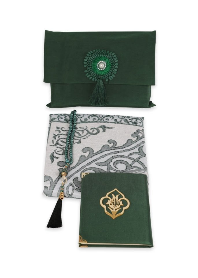 Büyük Şantuk Çanta Full Set Çiçekli (Yasin+Seccade+Tespih) YEŞİL