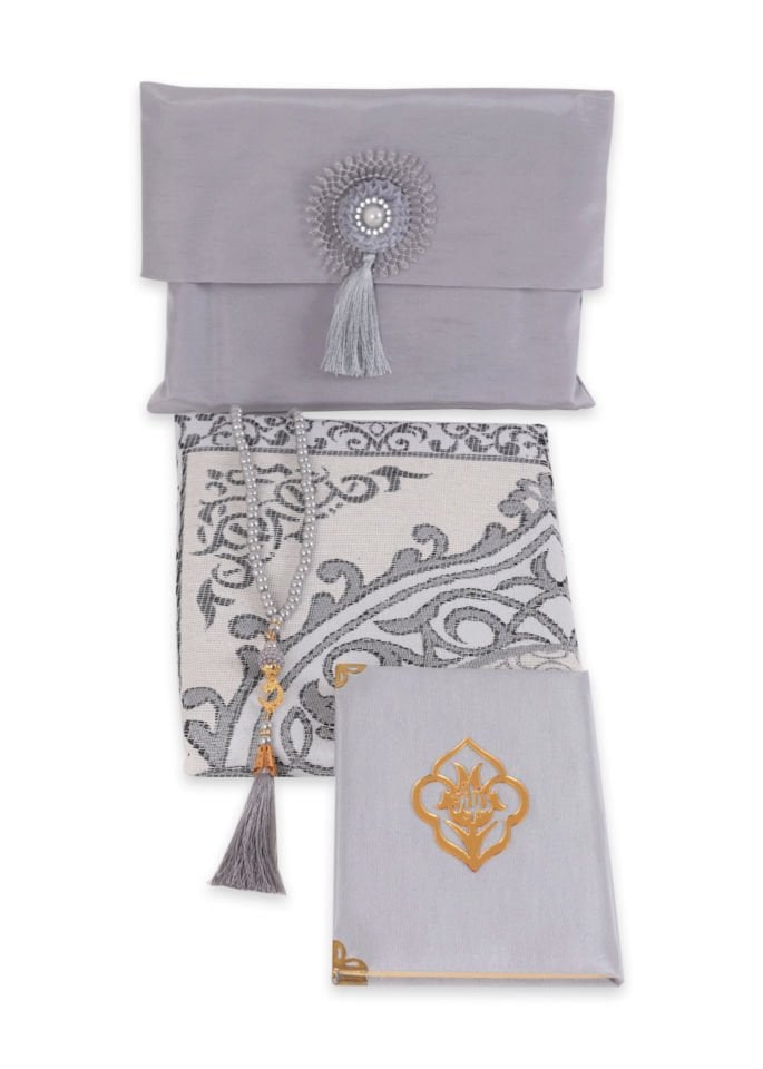 Büyük Şantuk Çanta Full Set Çiçekli (Yasin+Seccade+Tespih) GRİ