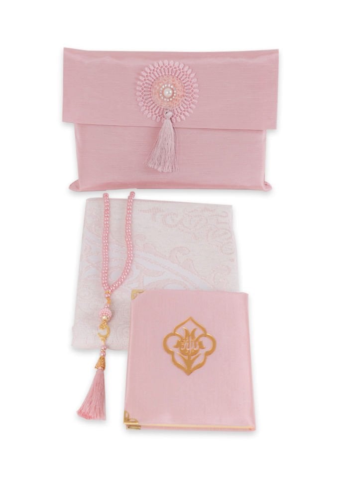 Büyük Şantuk Çanta Full Set Çiçekli (Yasin+Seccade+Tespih) PUDRA