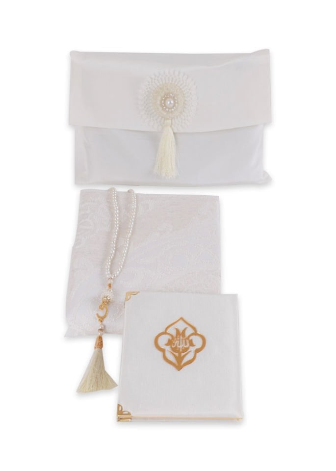 Büyük Şantuk Çanta Full Set Çiçekli (Yasin+Seccade+Tespih) KREM