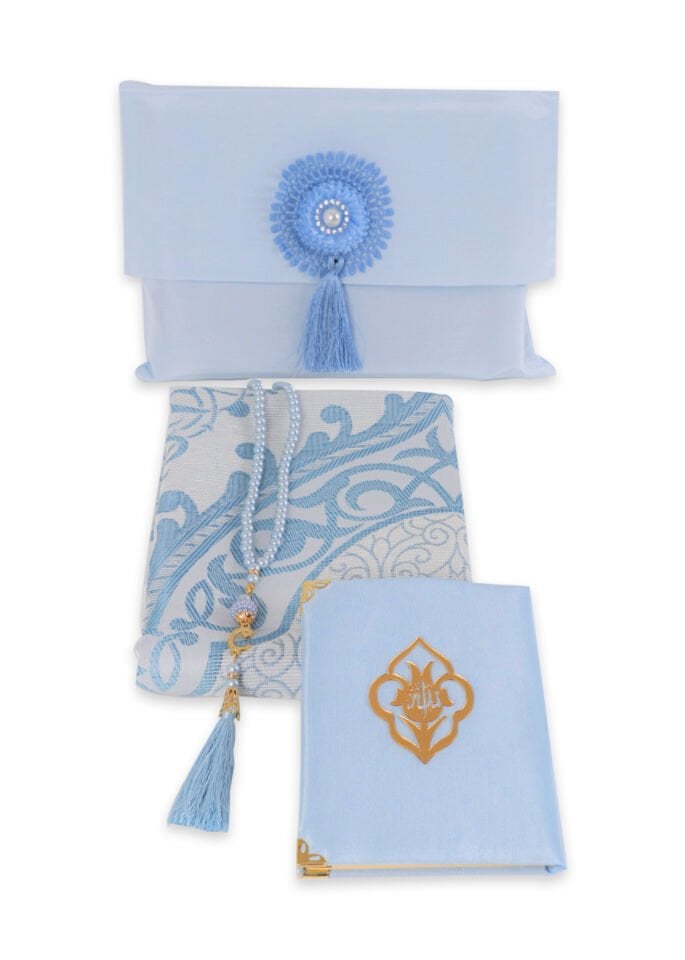 Büyük Şantuk Çanta Full Set Çiçekli (Yasin+Seccade+Tespih) BEBE MAVİ