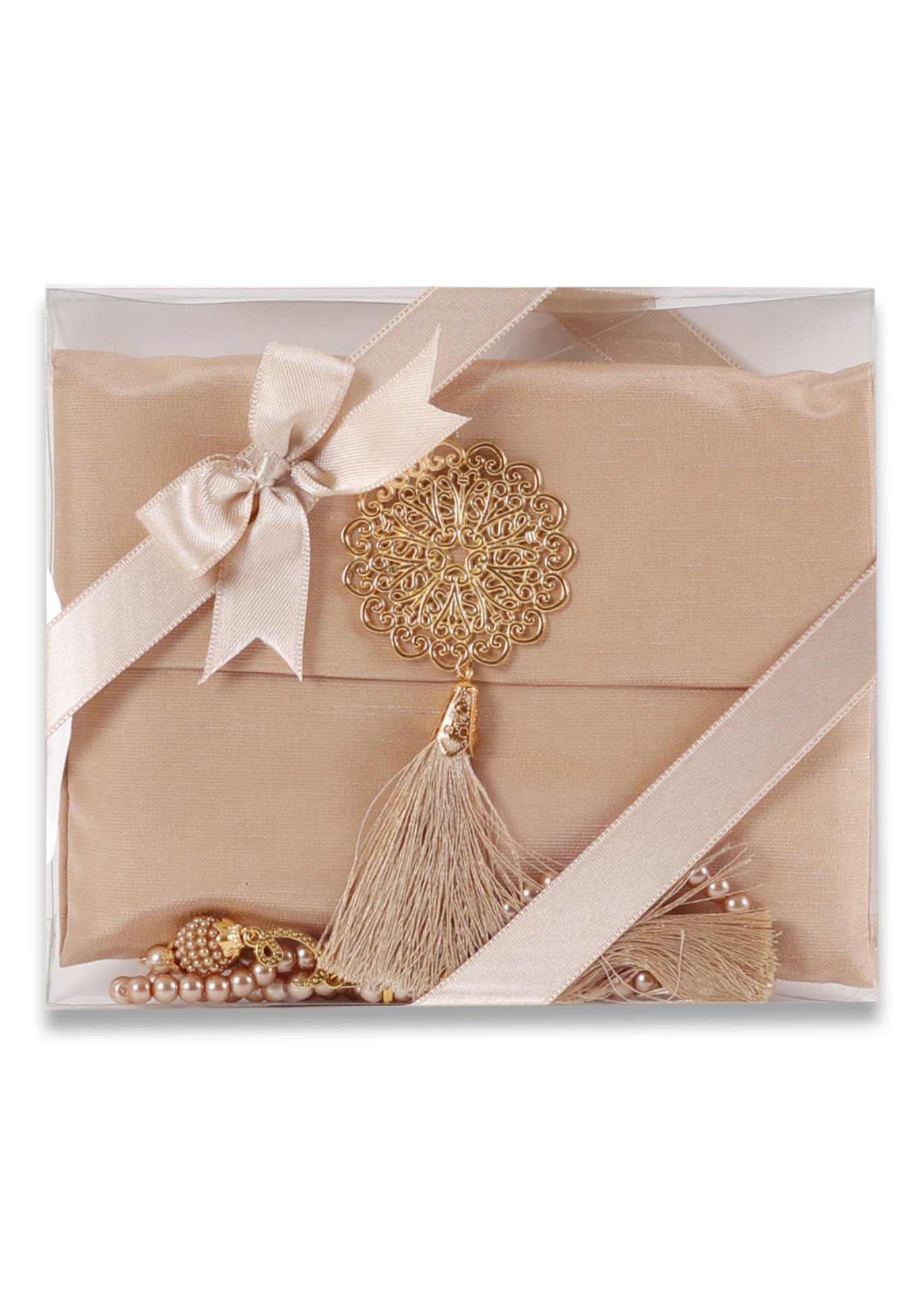 MEVA SERİSİ 3'lü SET (Madalyonlu Çanta+ Şantuk Yasin+ İnci Tespih) NO:2 GOLD