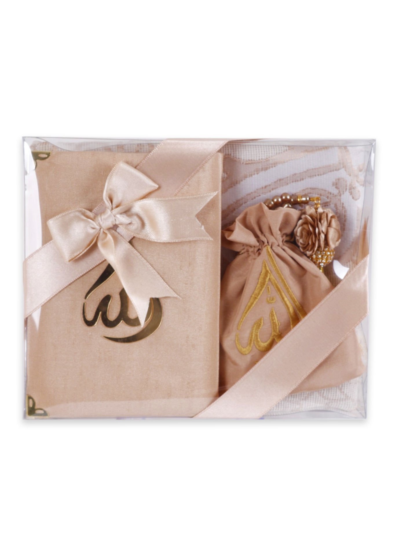 HÜMA SERİSİ 4'lü SET (Asetat Kutulu Seccade +Kuran + Nakış Kese + Disko Top Tespih) NO:2 GOLD