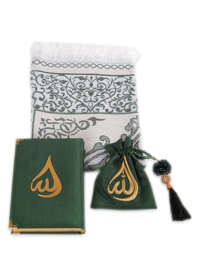 HÜMA SERİSİ 4'lü SET (Asetat Kutulu Seccade +Kuran + Nakış Kese + Disko Top Tespih) NO:2 YEŞİL