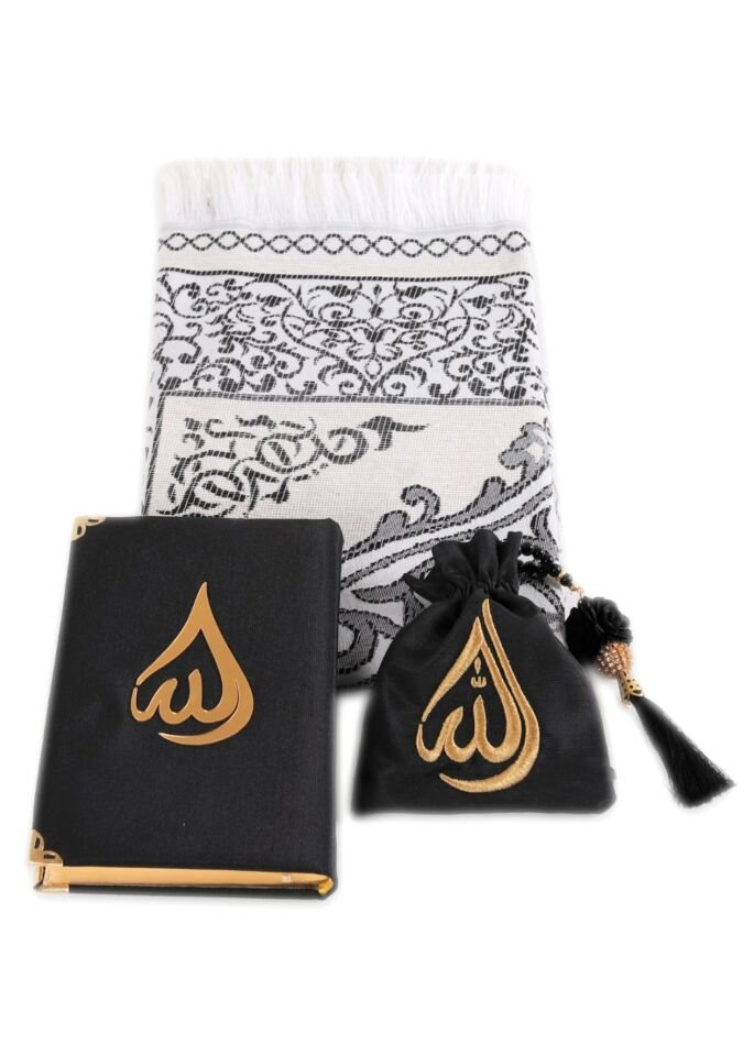 HÜMA SERİSİ 4'lü SET (Asetat Kutulu Seccade +Kuran + Nakış Kese + Disko Top Tespih) NO:2 SİYAH