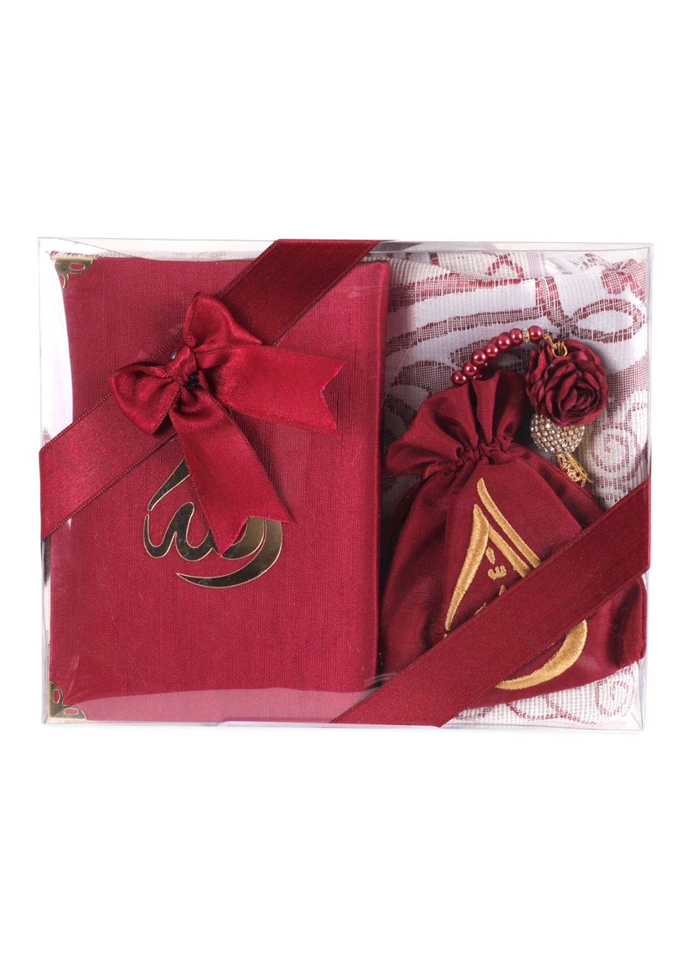 HÜMA SERİSİ 4'lü SET (Asetat Kutulu Seccade +Kuran + Nakış Kese + Disko Top Tespih) NO:2 BORDO