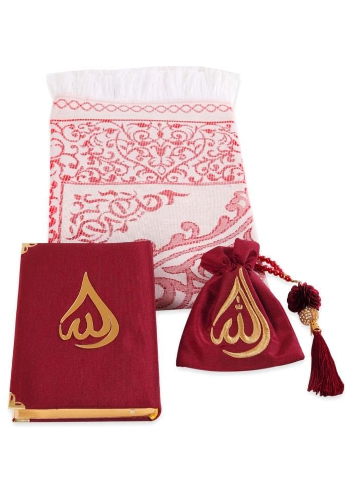 HÜMA SERİSİ 4'lü SET (Asetat Kutulu Seccade +Kuran + Nakış Kese + Disko Top Tespih) NO:2 BORDO