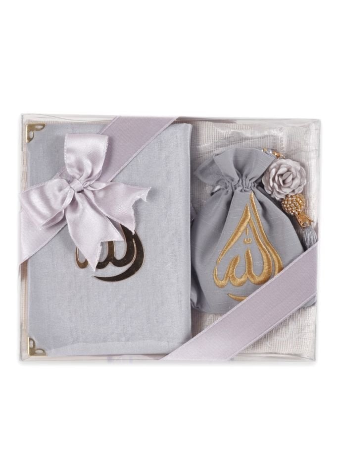 HÜMA SERİSİ 4'lü SET (Asetat Kutulu Seccade +Kuran + Nakış Kese + Disko Top Tespih) NO:2 GRİ