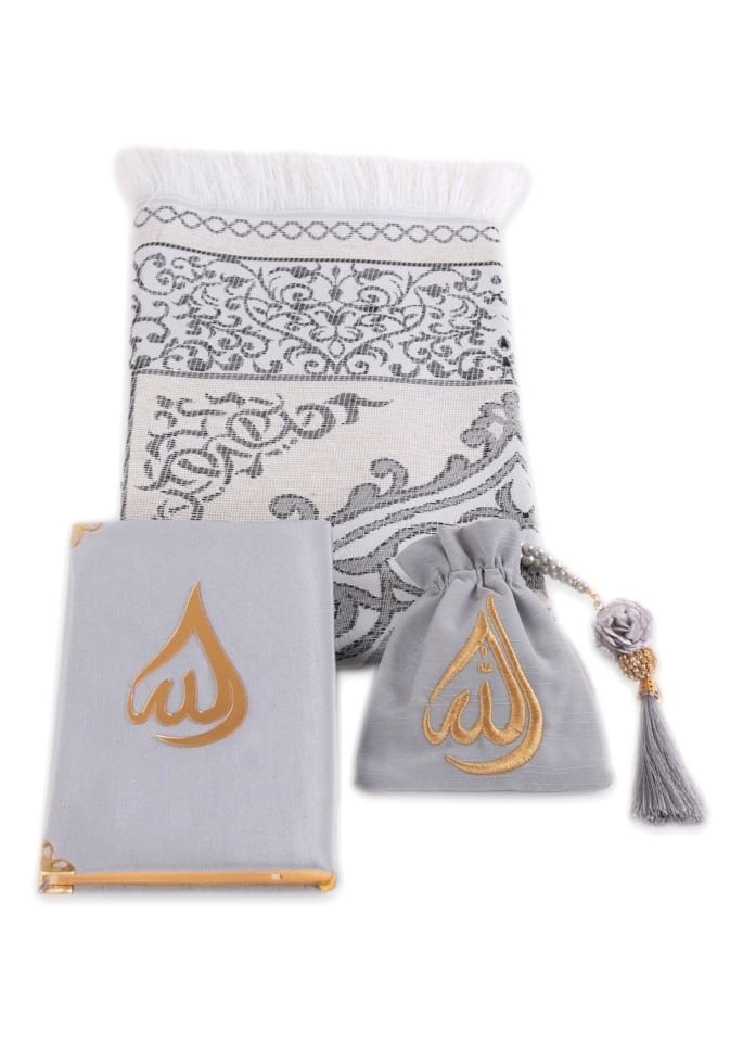 HÜMA SERİSİ 4'lü SET (Asetat Kutulu Seccade +Kuran + Nakış Kese + Disko Top Tespih) NO:2 GRİ