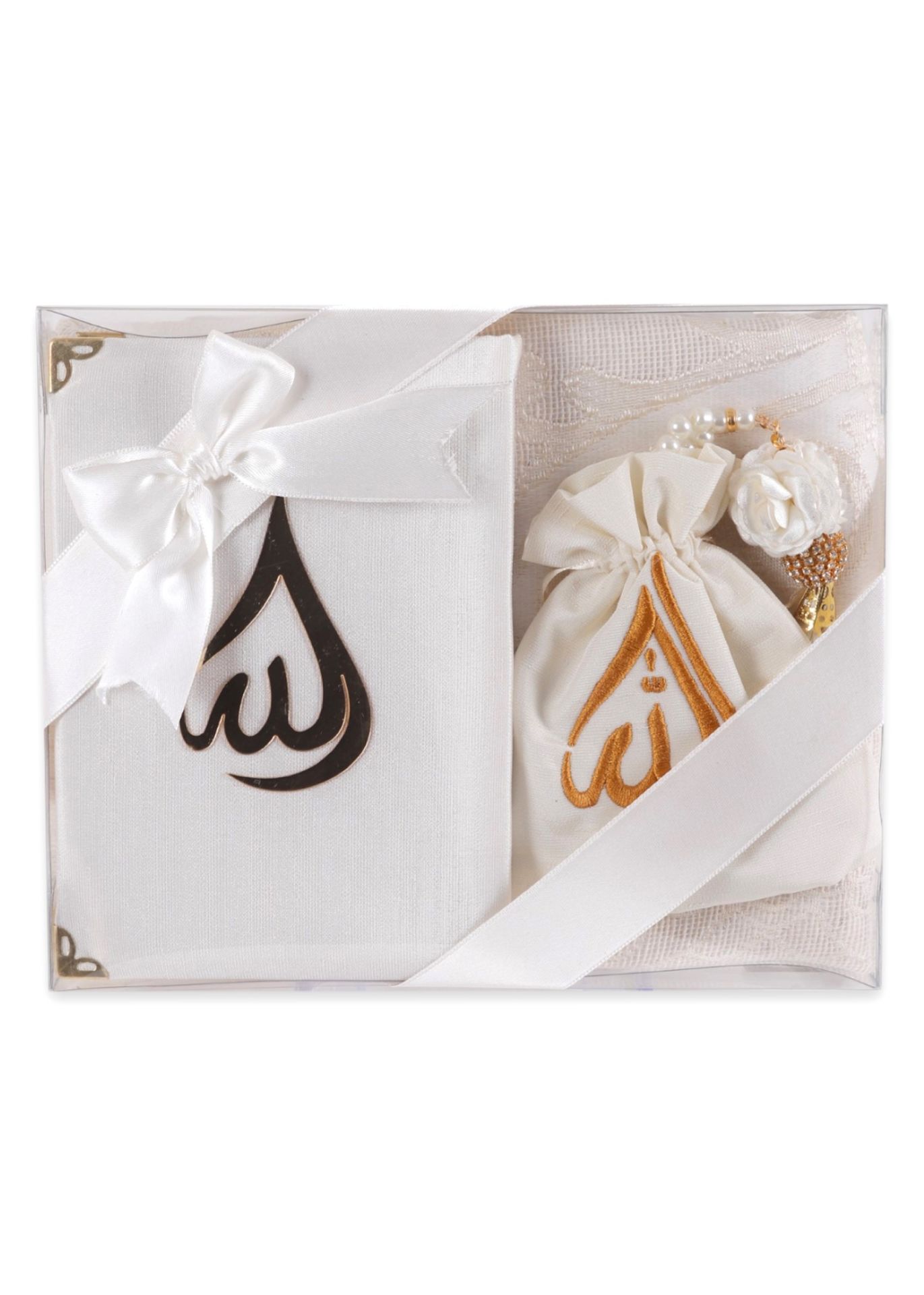 HÜMA SERİSİ 4'lü SET (Asetat Kutulu Seccade +Kuran + Nakış Kese + Disko Top Tespih) NO:2 KREM