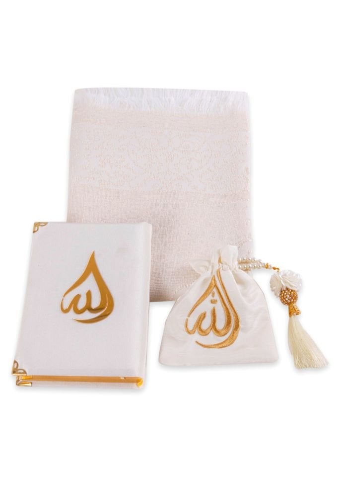 HÜMA SERİSİ 4'lü SET (Asetat Kutulu Seccade +Kuran + Nakış Kese + Disko Top Tespih) NO:2 KREM