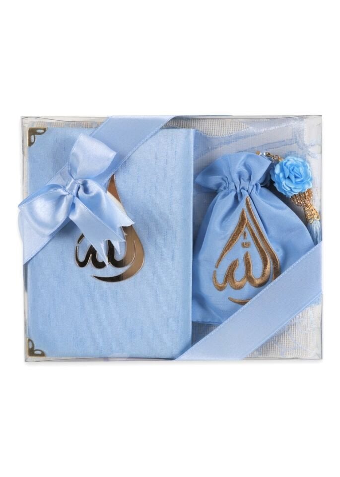 HÜMA SERİSİ 4'lü SET (Asetat Kutulu Seccade +Kuran + Nakış Kese + Disko Top Tespih) NO:2 BEBE MAVİ