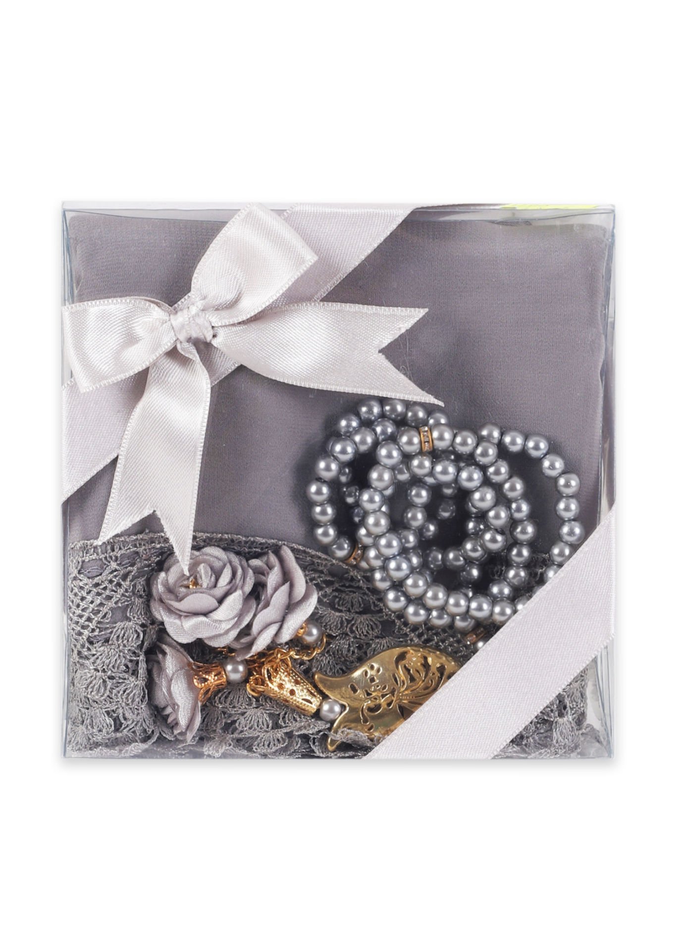 Asetat Set (Güpürlü Şal+İnci Tespih) GRİ