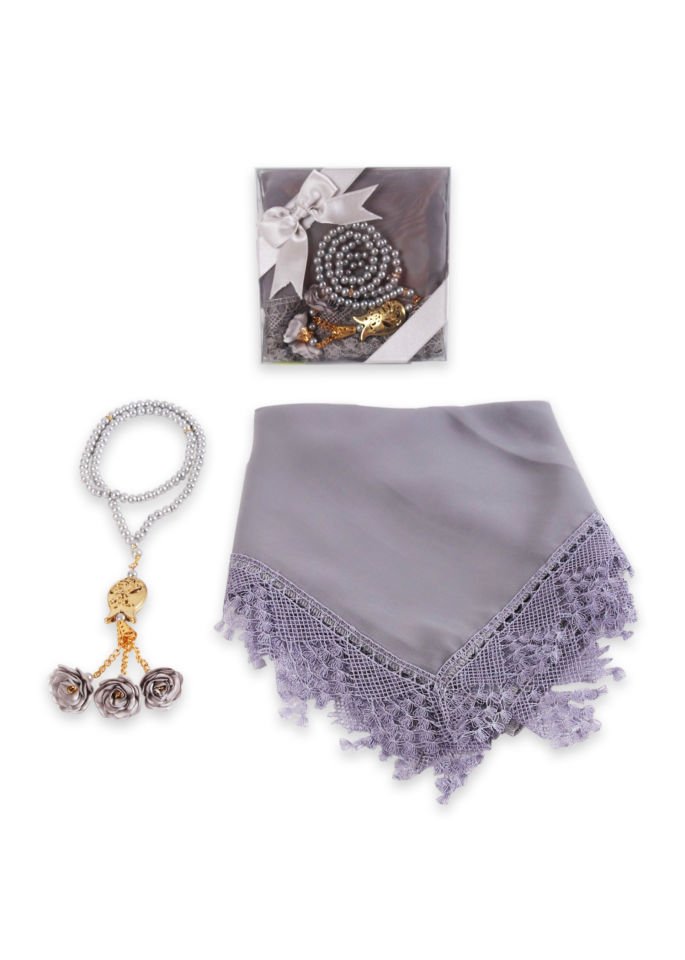 Asetat Set (Güpürlü Şal+İnci Tespih) GRİ