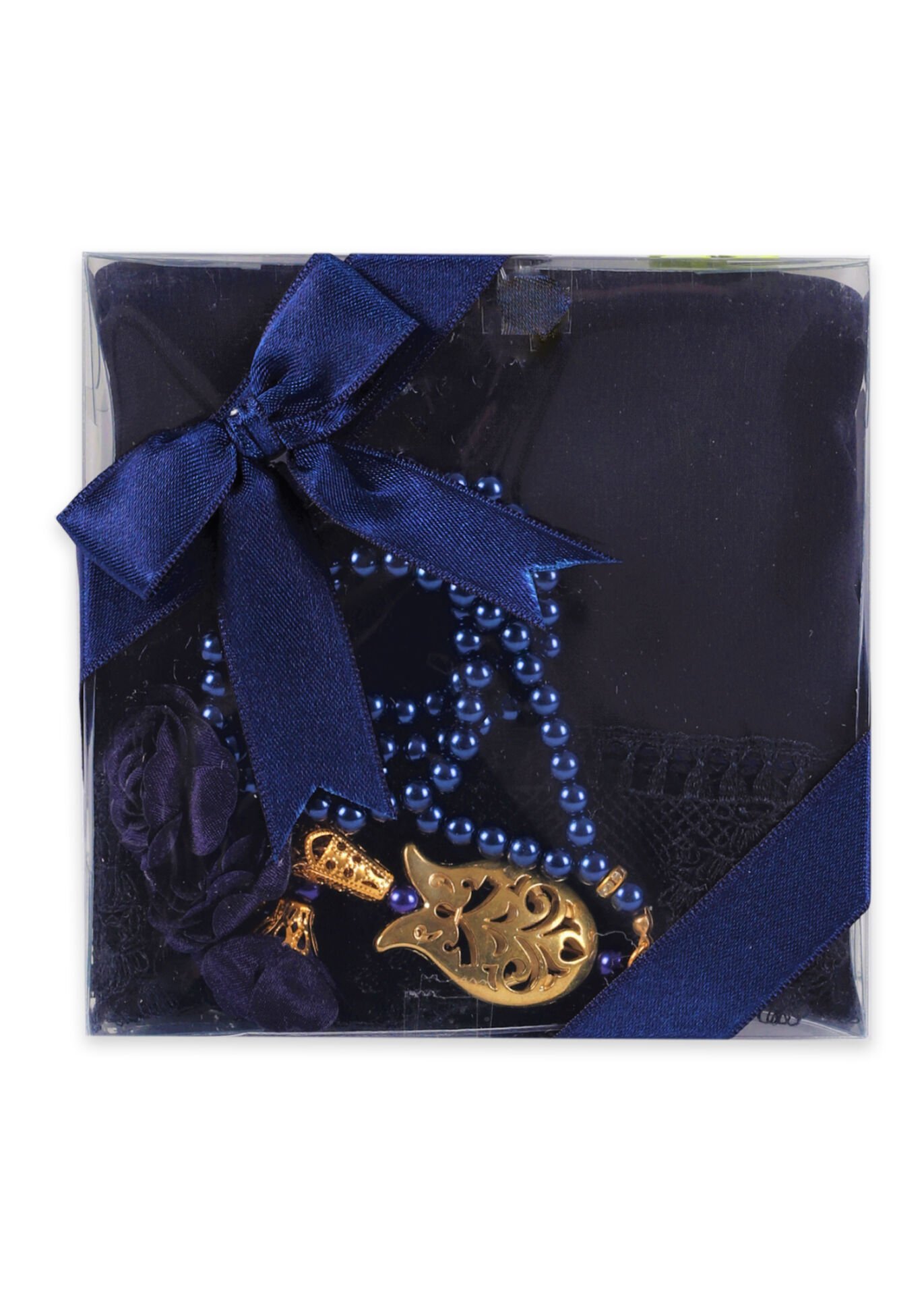 Asetat Set (Güpürlü Şal+İnci Tespih) LACİVERT