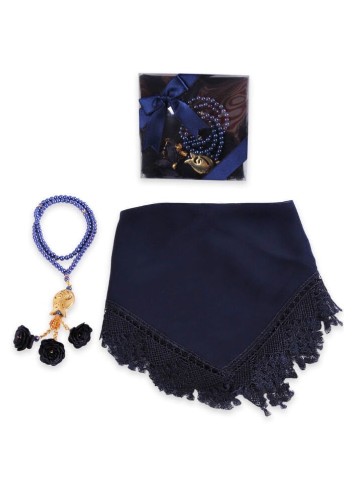 Asetat Set (Güpürlü Şal+İnci Tespih) LACİVERT