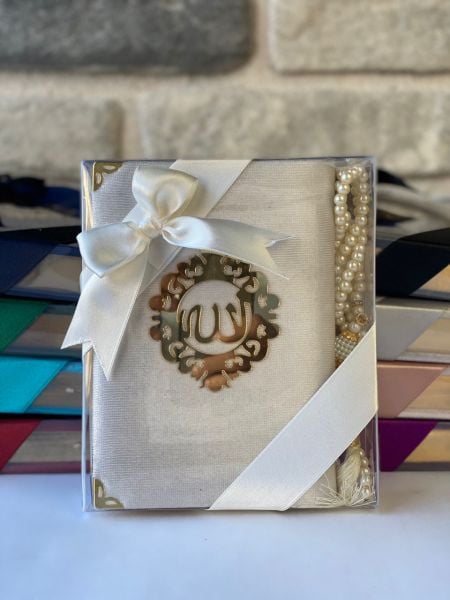 KADİFE KAPLI KURAN-I KERİM ÇANTA BOY İNCİ TESPİH HEDİYELİK SET