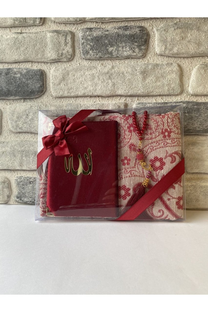 TUBA SERİSİ ASETAT UCUZ SET (SECCADE +YASİN +İNCİ TESPİH) (TREND) NO:2 BORDO