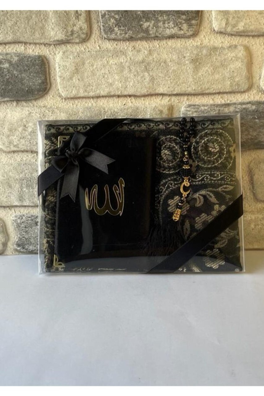 TUBA SERİSİ ASETAT UCUZ SET (SECCADE +YASİN +İNCİ TESPİH) (TREND) NO:2 SİYAH