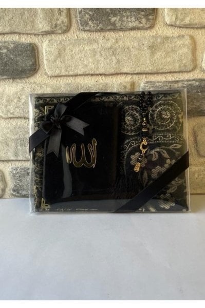 TUBA SERİSİ ASETAT UCUZ SET (SECCADE +YASİN +İNCİ TESPİH) (TREND) NO:2 SİYAH