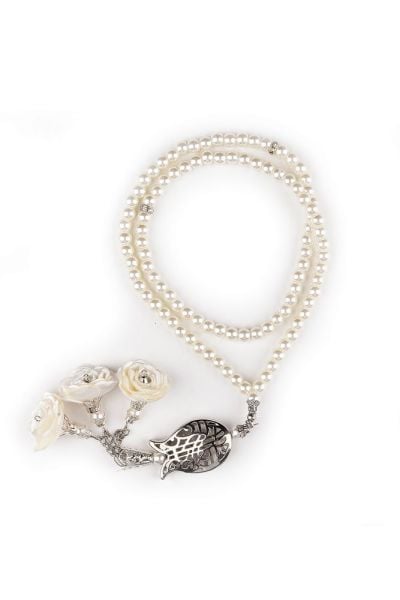 Çiçekli Tasarım İnci Tespih (LALELİ) BEYAZ-GÜMÜŞ