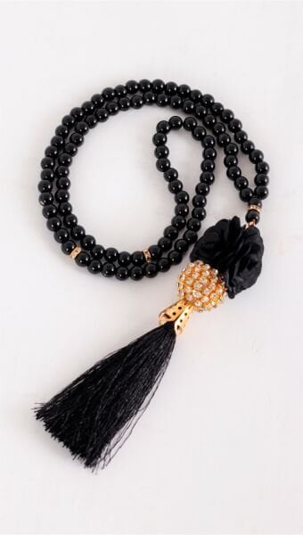 İnci Çiçekli Disko Toplu Güllü Tespih (6mm) SİYAH