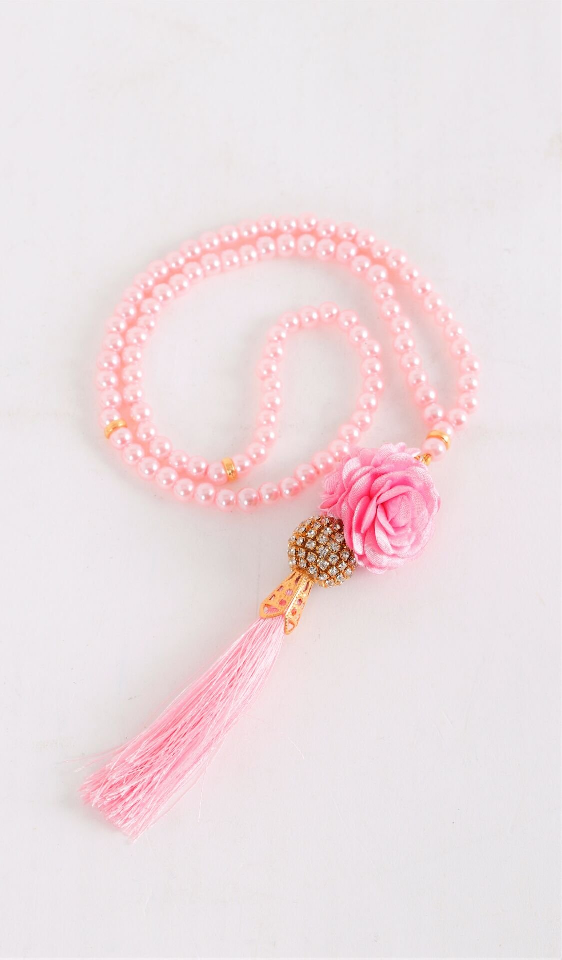 İnci Çiçekli Disko Toplu Güllü Tespih (6mm) PUDRA