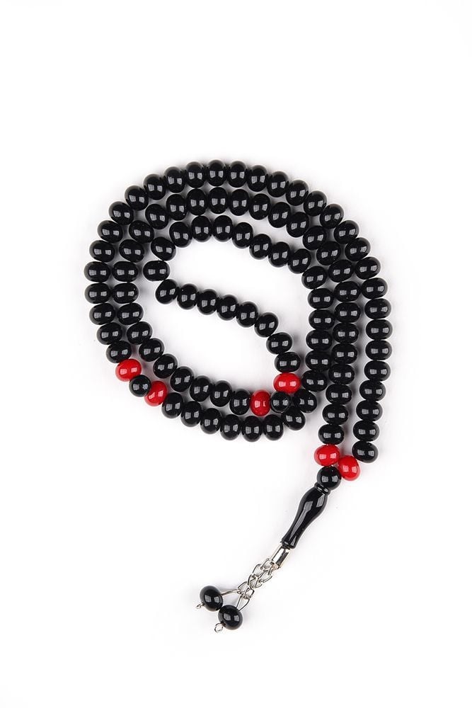 Akrilik Metal Püskül Tespih 8mm SİYAH-KIRMIZI - DÜZ RENK - 8 MM