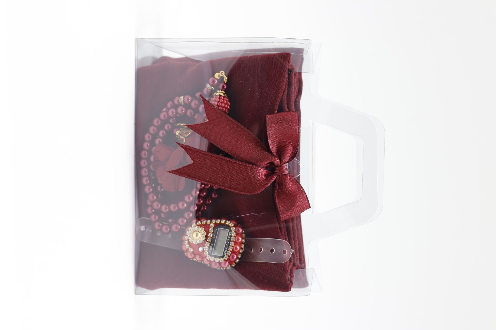 SİDELYA SERİSİ(ŞAL+TAŞLI Z.MATİK+İNCİ TESPİH 2 GÜLLÜ) BORDO