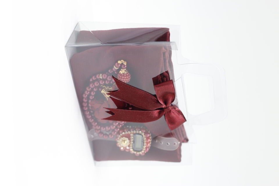 SİDELYA SERİSİ(ŞAL+TAŞLI Z.MATİK+İNCİ TESPİH 2 GÜLLÜ) BORDO