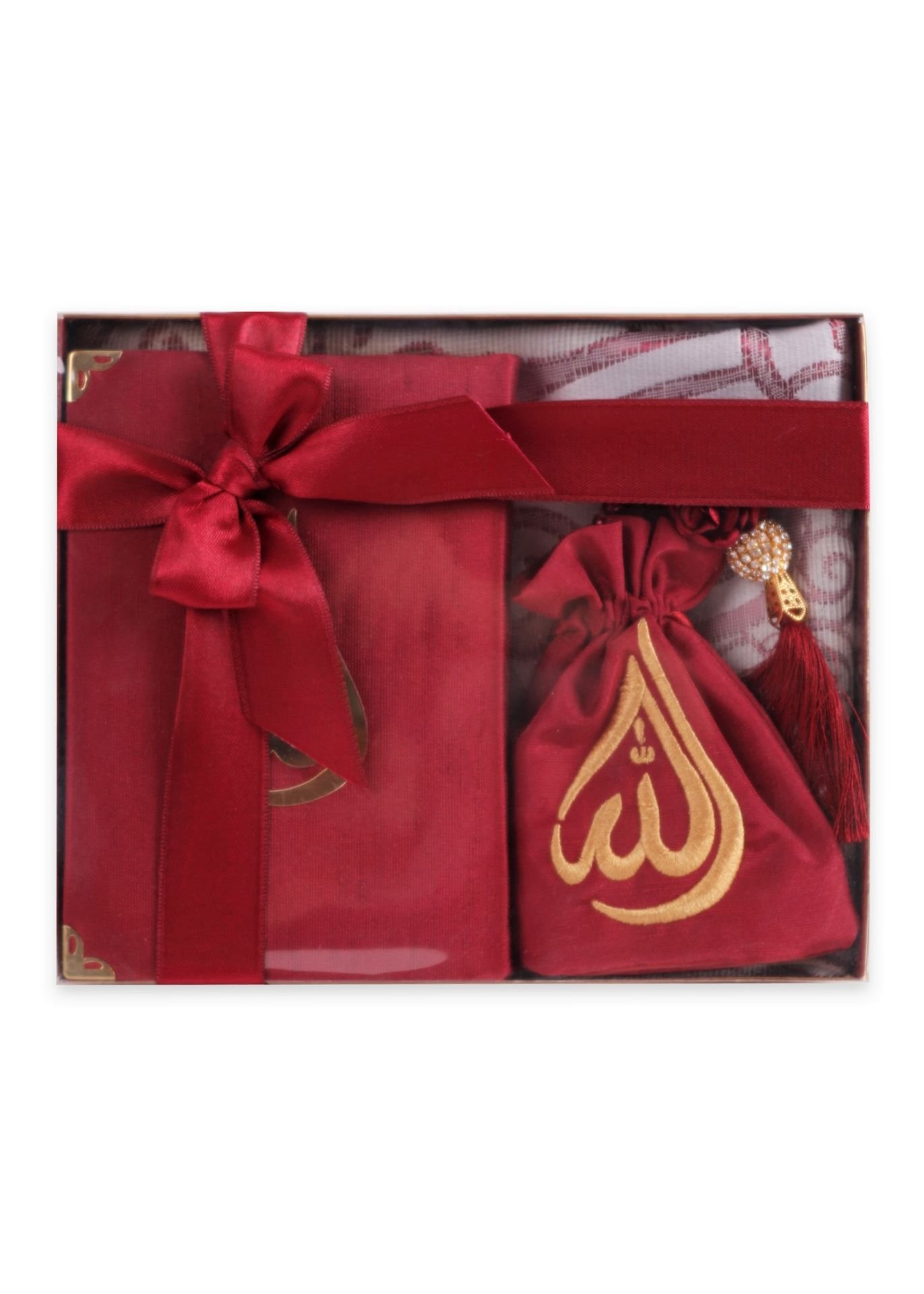 HÜMA SERİSİ KUTULU (Seccade+Kuran+Nakış Kese+Disko Top Tespih) NO:1 BORDO