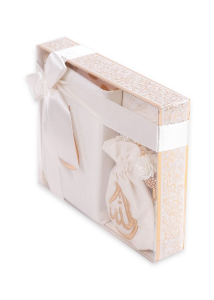 HÜMA SERİSİ KUTULU (Seccade+Kuran+Nakış Kese+Disko Top Tespih) NO:1 KREM