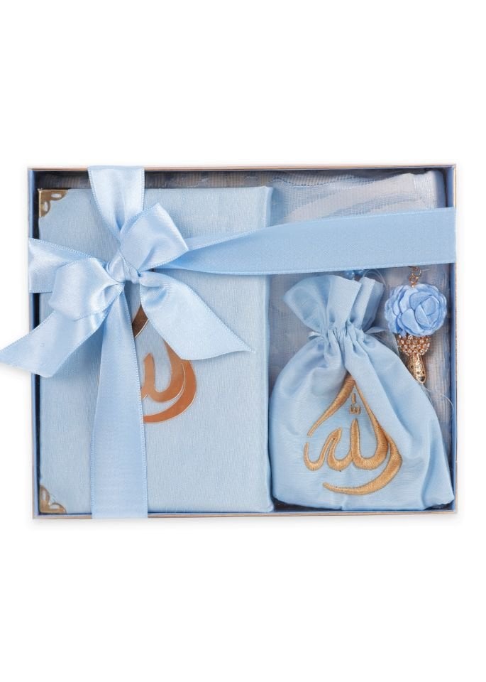 HÜMA SERİSİ KUTULU (Seccade+Kuran+Nakış Kese+Disko Top Tespih) NO:1 BEBE MAVİ