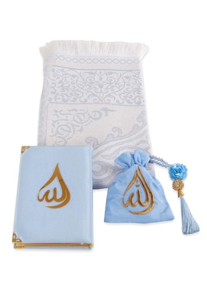 HÜMA SERİSİ KUTULU (Seccade+Kuran+Nakış Kese+Disko Top Tespih) NO:1 BEBE MAVİ