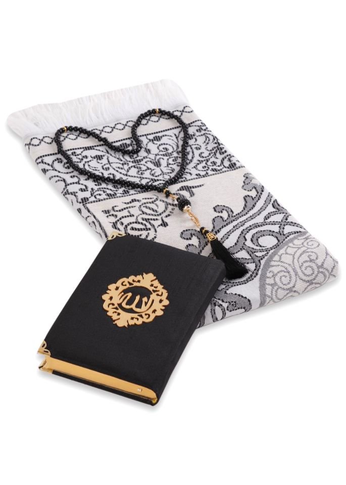 ASEL SERİSİ KUTULU (Pamuk Seccade+İnci Tespih+Şantuk Kuran) No:1 SİYAH