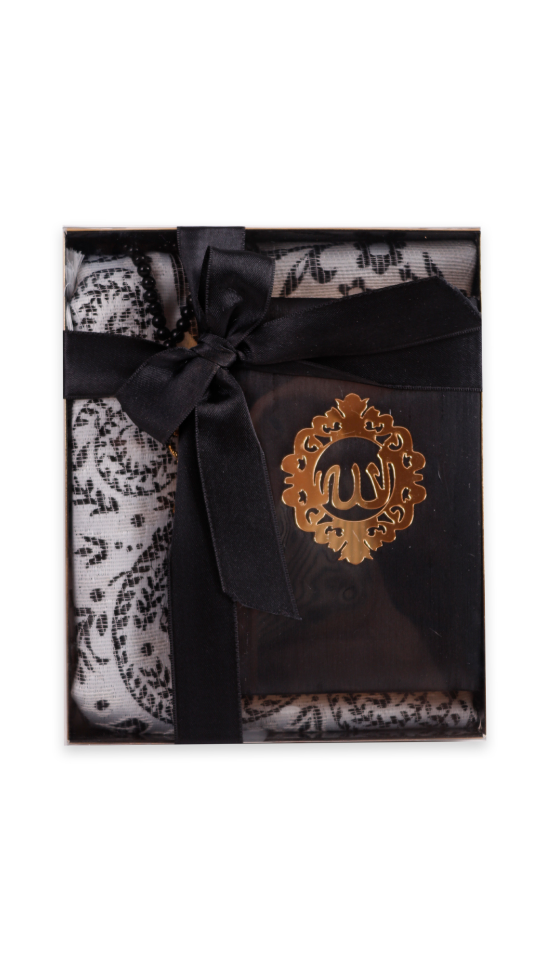 ASEL SERİSİ KUTULU (Pamuk Seccade+İnci Tespih+Şantuk Kuran) No:1 SİYAH