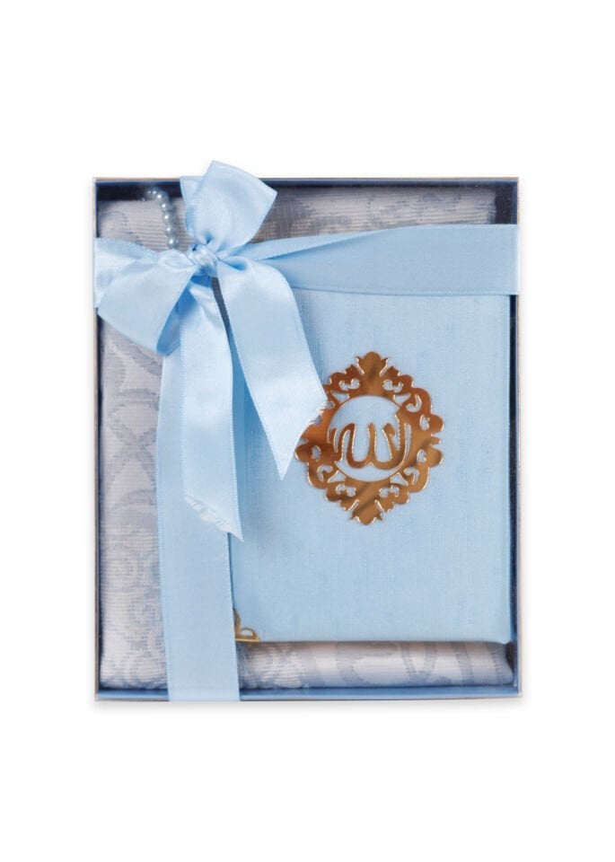 ASEL SERİSİ KUTULU (Pamuk Seccade+İnci Tespih+Şantuk Kuran) No:1 BEBE MAVİ