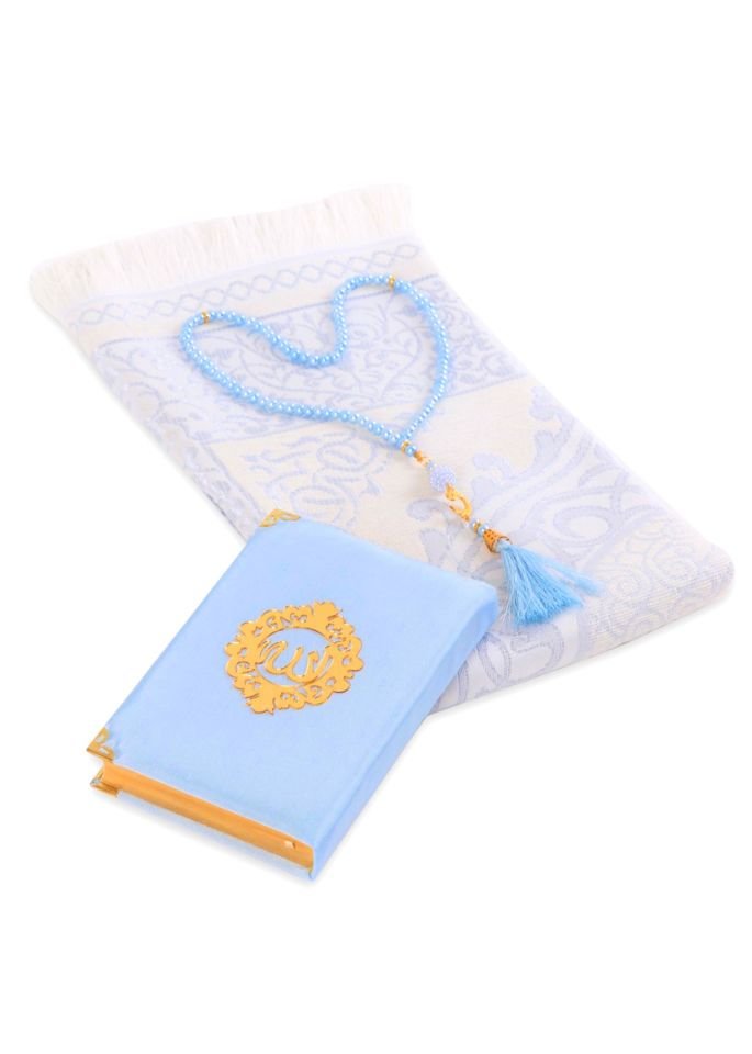 ASEL SERİSİ KUTULU (Pamuk Seccade+İnci Tespih+Şantuk Kuran) No:1 BEBE MAVİ