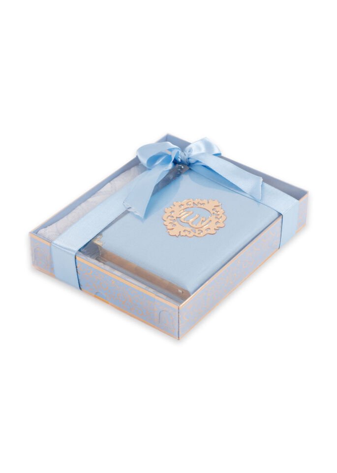 ASEL SERİSİ KUTULU (Pamuk Seccade+İnci Tespih+Şantuk Kuran) No:1 BEBE MAVİ