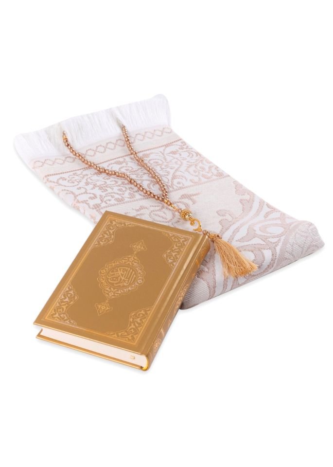 LİNA SERİSİ 3'LÜ SET (Çanta Boy Termo Kuran+Seccade+İnci Tespih) N0:1 GOLD