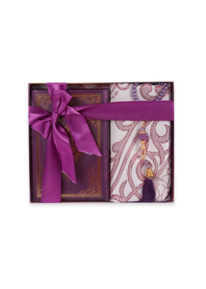 LİNA SERİSİ 3'LÜ SET (Çanta Boy Termo Kuran+Seccade+İnci Tespih) N0:1 MÜRDÜM