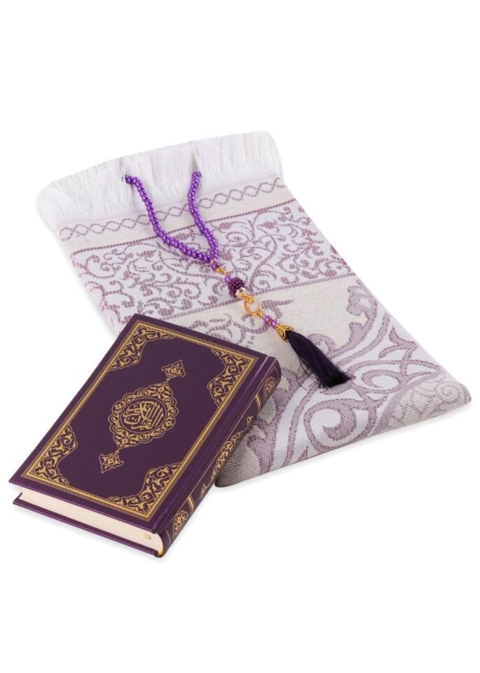 LİNA SERİSİ 3'LÜ SET (Çanta Boy Termo Kuran+Seccade+İnci Tespih) N0:1 MÜRDÜM